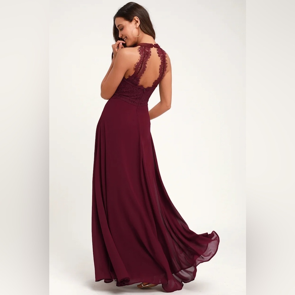 Lulu’s Dance All Evening Maxi Dress Lace Burgundy Halter Large Bridesmaid Prom - Picture 3 of 11